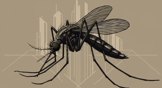 Stylized vector illustration of a mosquito set against a geometric cityscape