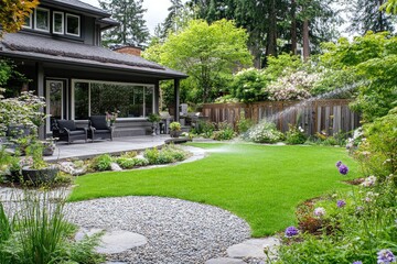 Modern backyard oasis with manicured lawn and decorative hardscaping