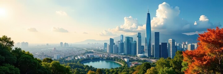 Fototapeta premium Sleek skyscrapers pierce a vibrant, leafy cityscape , rooftop, modern
