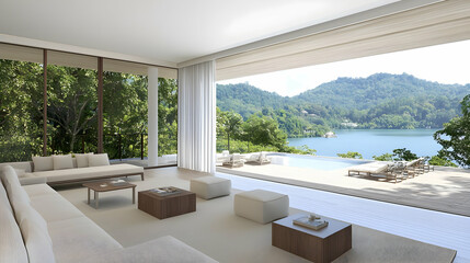 Fototapeta premium Luxurious Open Concept Living Room With White Sofa And Panoramic View Of Island And Ocean