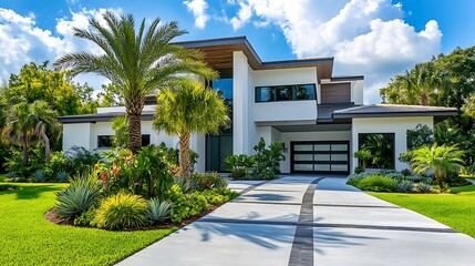 modern house with palm trees