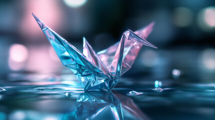 Artistic fusion of origami and technology creates a serene paper crane on a shimmering water surface at dusk