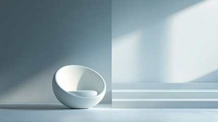 Modern white spherical chair in minimalist blue interior design with sunlight illuminating the scene