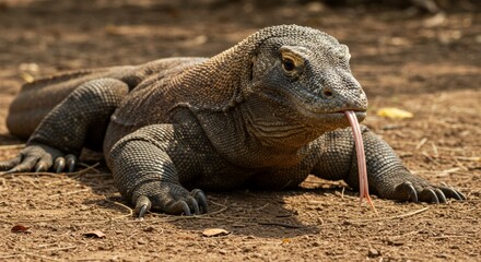 Fototapeta premium Komodo dragon basking under the sun with its distinctive tongue visible