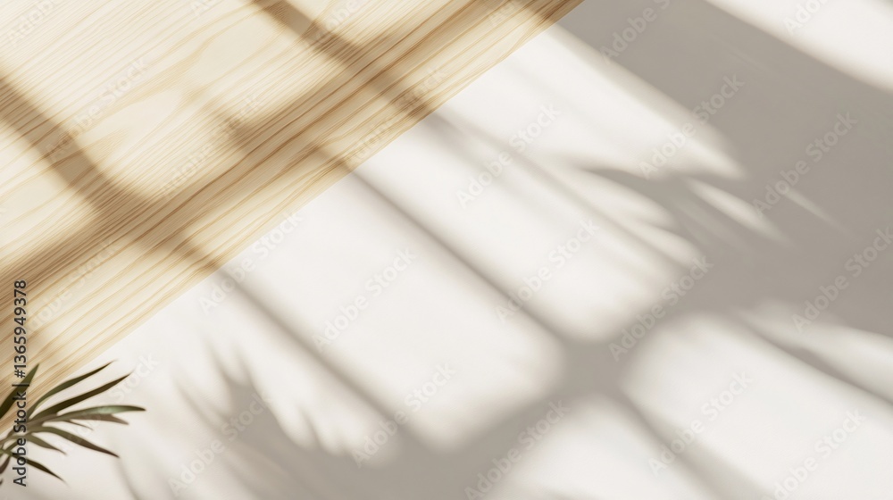 Aufkleber minimalist composition with blank canvas on wooden table and palm tree shadows