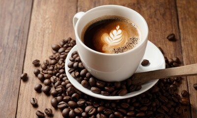 Aromatic indulgence: coffee cup adorned with latte art and coffee beans