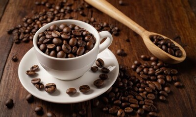 Fototapeta premium Aromatic arabica coffee beans brimming from a cup on rustic wooden background