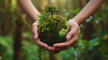 Hands carefully holding a small planet covered in trees and greenery, save the earth theme,