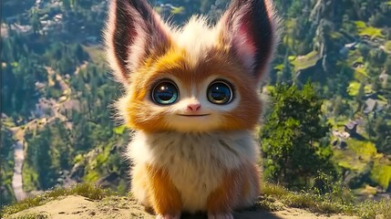 A fluffy animated creature with big eyes smiles softly