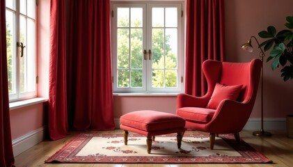 Red armchair, elegant curtains, cozy rug, stylish decor , texture, furniture, pattern