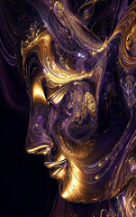 Abstract Face Profile in Gold and Purple Swirls on Black Background