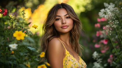 Naklejka premium Young woman with long brown hair, wearing yellow floral dress, surrounded by blooming flowers. Image evokes freshness, beauty, and summer.