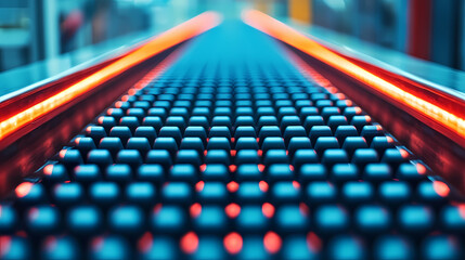A futuristic conveyor belt with illuminated edges, showcasing a series of textured black surfaces in a high-tech environment.