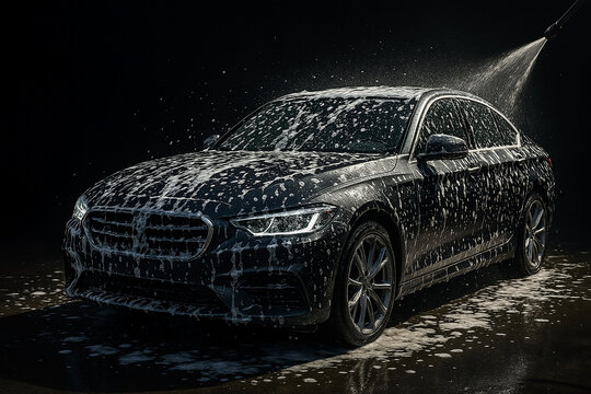 Black luxury car being washed with water and soap foam in dark setting, symbolizing auto care, vehicle cleaning, maintenance, detailing and car service