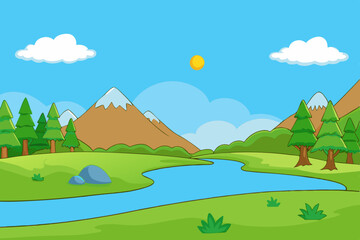 Fototapeta premium Summer natural landscape with mountains, trees, clouds, and a road in a green meadow