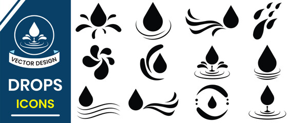 Water drop icon, vector illustration set. Rain, Water or oil drop symbol, sign. Set of water ink, liquid droplet. Blood or oil drop, dew line art, silhouette. Set of water drops vector illustration.