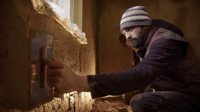 Multicultural friends plastering with sustainable clay poo straw mix in house