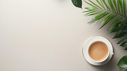Cup of coffee with tropical leaves creating relaxing atmosphere on beige background