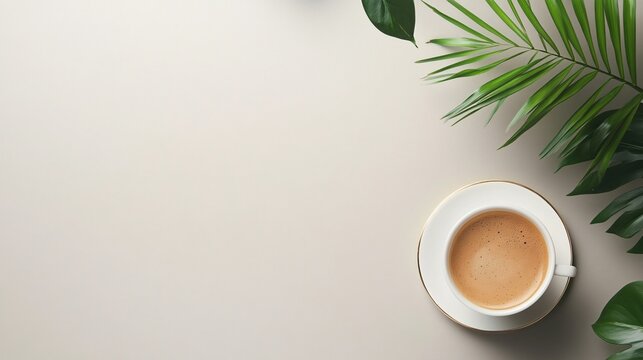 Cup of coffee with tropical leaves creating relaxing atmosphere on beige background