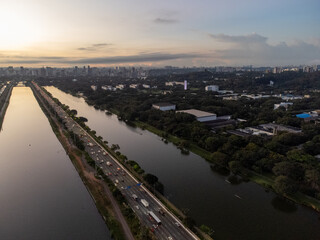 Incredible aerial view of the Pinheiros River waterfront in the city of São Paulo, a major Latin...