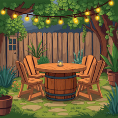 A Cozy Outdoor Patio Scene with Warm Lantern Light, Rustic Furniture, and a Serene Mountain Backdrop, Perfect for Relaxing Moments
