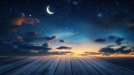 Night sky with crescent moon, sunset over wooden planks. Use Background image, nature backdrop, peaceful scene