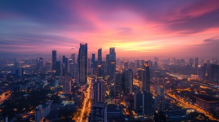 Fototapeta premium Aerial panorama of a city skyline at dusk with tall buildings and vibrant lights