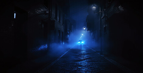 Fototapeta premium Dimly lit foggy street with old architecture, illuminated by street lamps and headlights of an approaching car. Mysterious and cinematic atmosphere. Ai generative