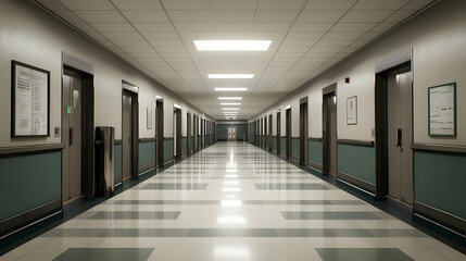 Obraz premium Long Hospital Corridor With Teal Walls And Ceiling Lights Featuring Multiple Closed Doors And Linear Perspective
