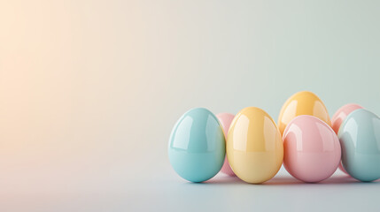 Glossy, colored Easter eggs with a reflective surface, placed on a gradient background, dynamic commercial shot, room for copy