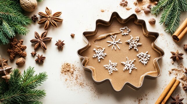 Close-up of Christmas cookie dough in a snowflake-shaped cutter, surrounded by holiday spices, star anise, and evergreen branches. A cozy image perfect for holiday baking inspiration.. AI Generation