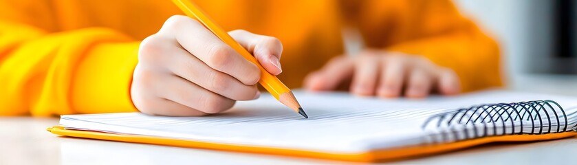 Young student engaged in writing with pencil classroom close-up bright environment inspirational learning moment