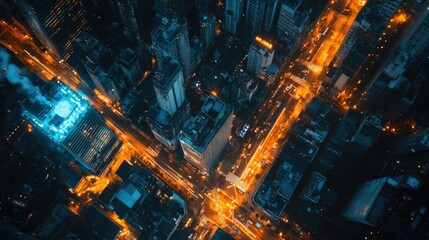 Obraz premium Aerial view of a city at dusk with glowing lights