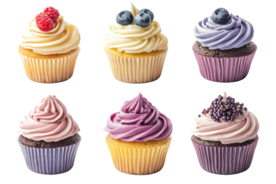 A delightful array of cupcakes with various frostings and toppings presented in a neat arrangement