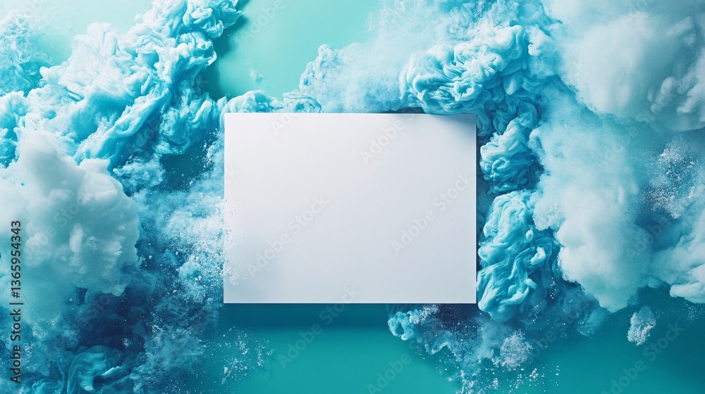 Poster white blank canvas surrounded by stunning turquoise ink clouds creating a dreamlike atmosphere