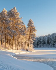 Serene winter landscape with snow-covered pines and frozen lake at golden hour