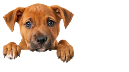 Cute puppy peeking over a blank sign with transparent background
