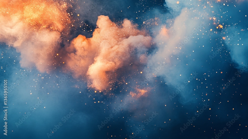 Poster orange and blue smoke creating an abstract universe with sparkling stars