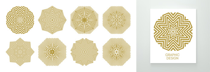 Set of striped minimalist shapes with optical illusion effect. Emblems or geometric shapes for your design. 3D illustration for brochure, card, cover, poster, presentation, flyer or banner.