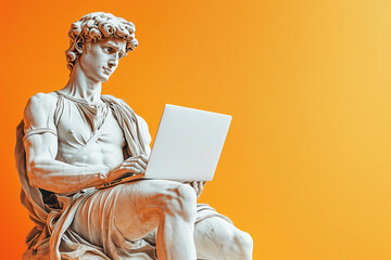 An antique style marble statue sits with a laptop on an orange background. Classic aesthetics versus urban reality. Business or freelance concept.