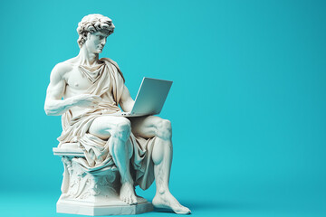 Antique style marble statue sits with a laptop on a blue background. Intellectual contrast and modern knowledge transformation. Philosophy and technology.