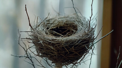 Natural bird nest resting on bare branches indoors.