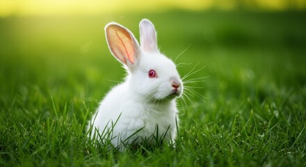 Charming albino bunny resting peacefully on a lush green meadow