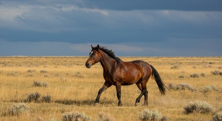 Majestic brown horse trots gracefully across the golden prairie landscape