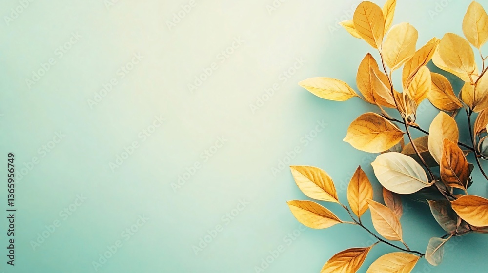 Poster golden autumn leaves creating a vibrant corner display on teal background