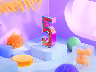 Minimal abstract colorful background for number 5 presentation. Product podium on iridescent holographic round background. 3D rendering illustration.