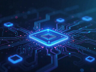 Futuristic Digital Circuit Board with a Floating Microchip, Glowing Neon Blue and Purple, Surrounded by Connected Processors, Streaming Binary Code, and Advanced Cyber Technology in a High-Tech Sci-Fi