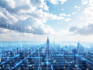 Digital futuristic cityscape with data visualization over modern skyscrapers under a bright blue sky with clouds. Concept of smart city and technology. Ai generative