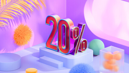 Minimal abstract colorful background for 20 percent off sale presentation. Product podium on iridescent holographic round background. 3D rendering illustration.