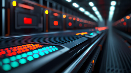 A futuristic server room with illuminated panels displaying vibrant colors, emphasizing modern technology and data processing.